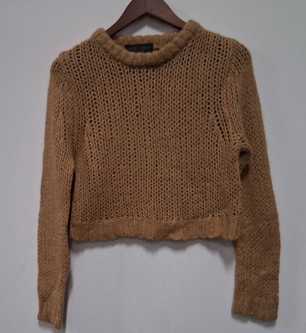 Zara womens small cropped camel brown boxy sweater wool cognac caramel
